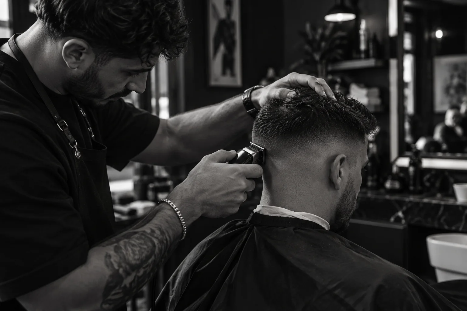 Un barbier réalise un dégradé avec précision, illustration en noir et blanc